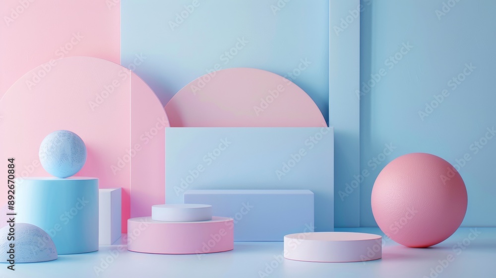 A blue and pink background with various shapes and sizes of balls and cubes A blue and pink background with various shapes and sizes of balls and cubes