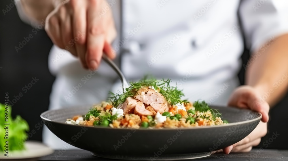 A chef in a health-focused restaurant plating a dish rich in antioxidants, with berries and dark chocolate, high-resolution photo, realistic photo, cinematography, hyper realistic