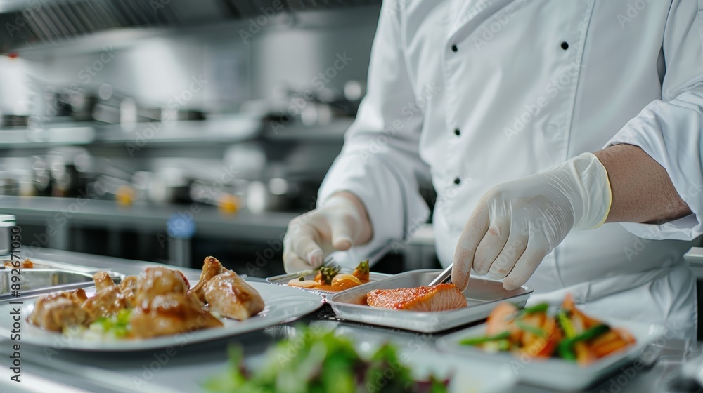 A chef in a hospital kitchen preparing a meal specifically designed for diabetic patients A chef in a hospital kitchen preparing a meal specifically designed for diabetic patients