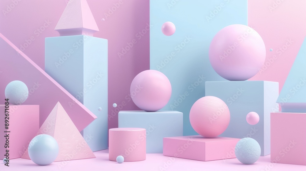 A pink and blue background with a lot of pink and blue spheres and cubes A pink and blue background with a lot of pink and blue spheres and cubes