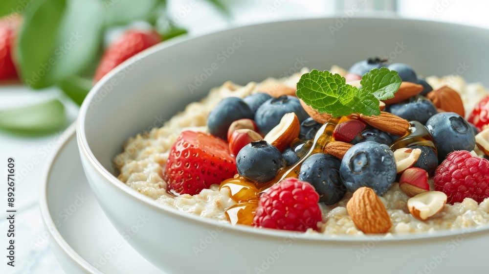 A close-up of a bowl of oatmeal topped with fresh fruits A close-up of a bowl of oatmeal topped with fresh fruits