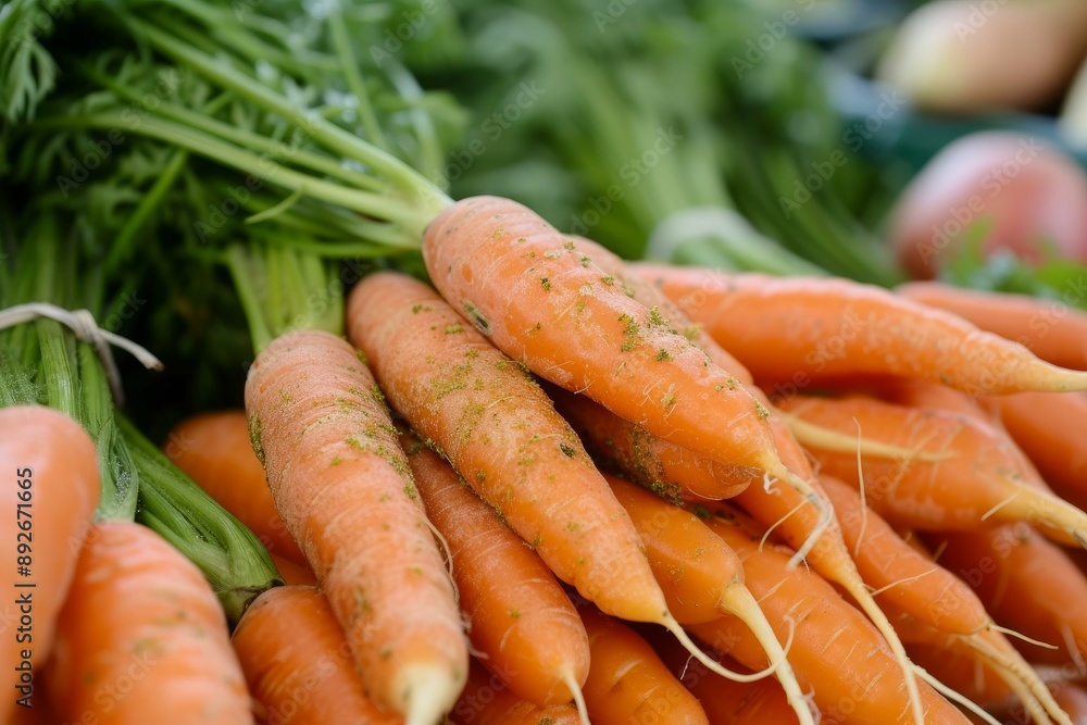 Closeup of vibrant carrots with green tops, covered in soil Closeup of vibrant carrots with green tops, covered in soil