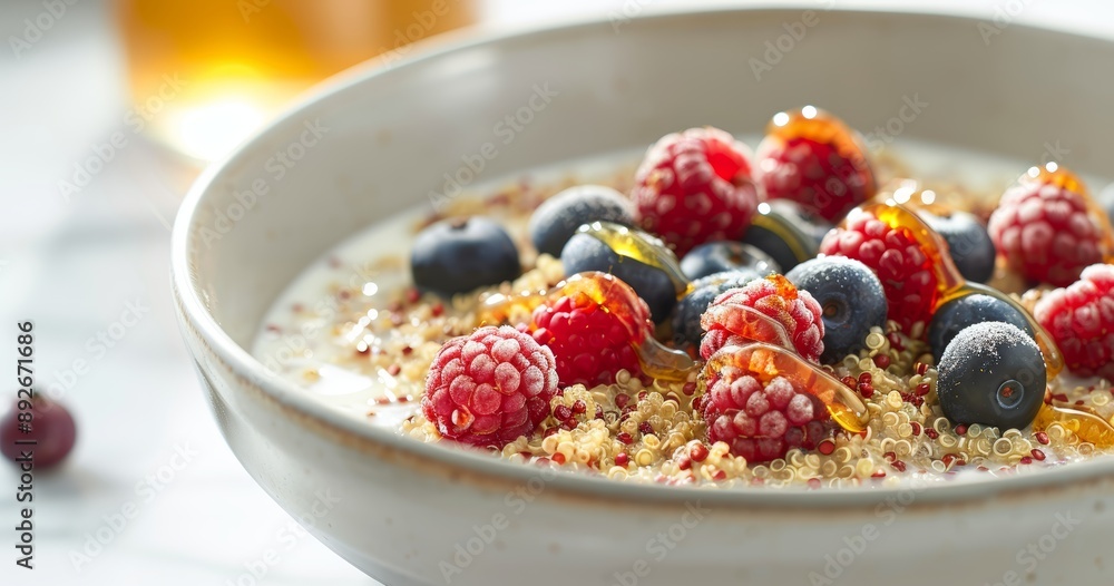 A close-up of a bowl of quinoa porridge with almond milk A close-up of a bowl of quinoa porridge with almond milk