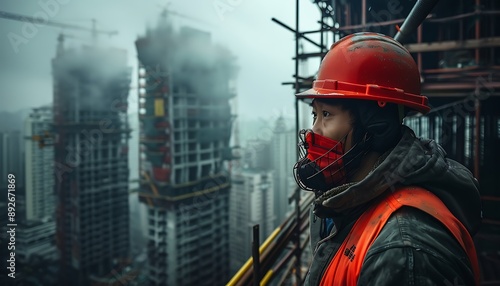 a construction worker wearing safety gear while overlooking skyscrapers on a foggy day