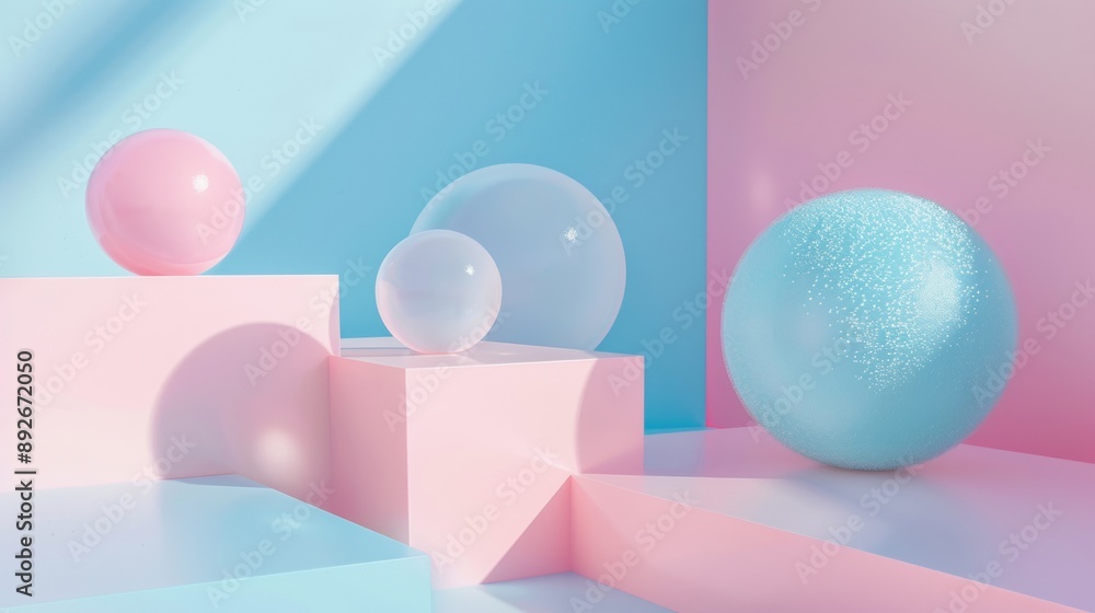 A blue and pink ball is sitting on a pink and blue platform A blue and pink ball is sitting on a pink and blue platform