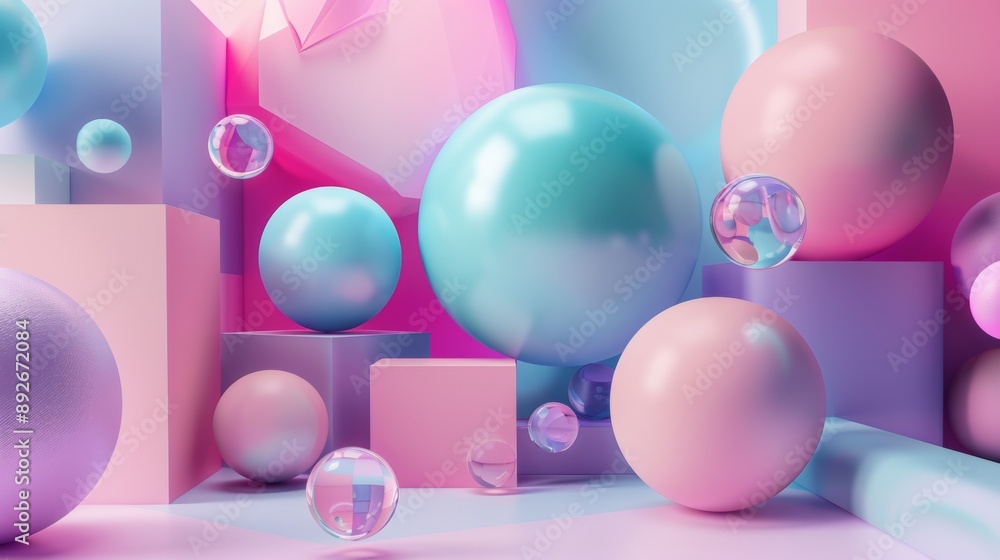 A colorful room with pink and blue spheres and cubes A colorful room with pink and blue spheres and cubes