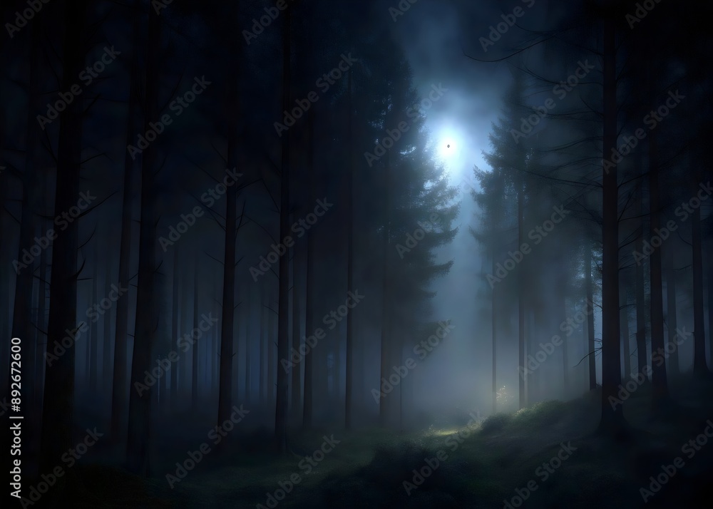 Mysterious Dark Forest Enigmatic Shadows Foggy Moonlit Nightscape Mysterious Dark Forest Enigmatic Shadows Foggy Moonlit Nightscape