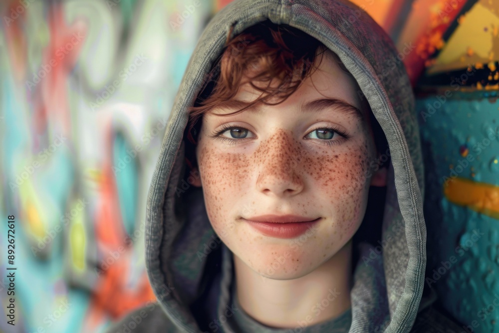 Teenage Boy with Freckles in a Grey Hoodie Against Graffiti Wall - Youthful Urban Lifestyle Portrait Teenage Boy with Freckles in a Grey Hoodie Against Graffiti Wall - Youthful Urban Lifestyle Portrait