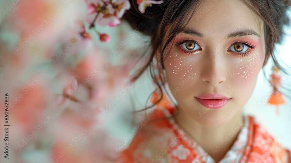 Fototapeta premium Woman with Creative Makeup and Floral Background