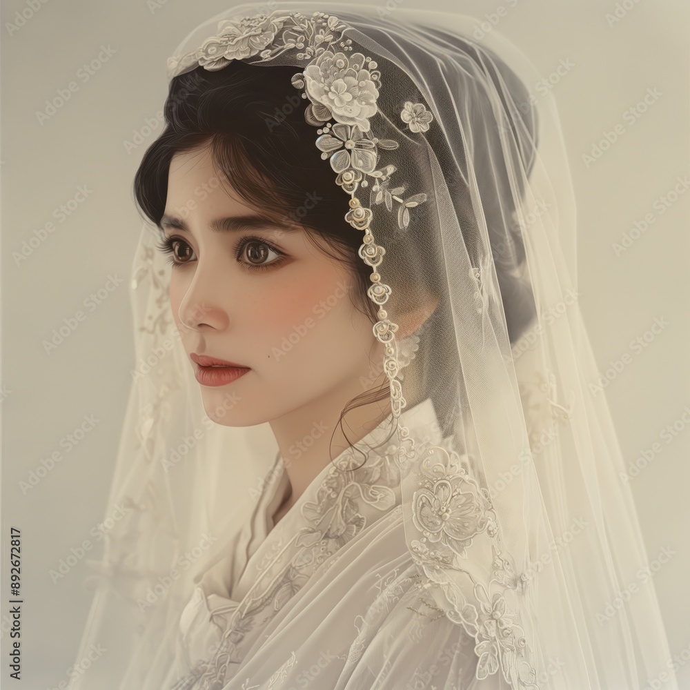 Woman in Lace Veil with Elegant Expression Woman in Lace Veil with Elegant Expression