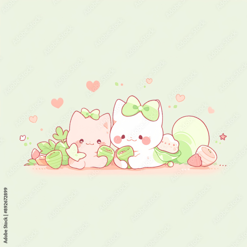 Two cats sit together on a green background. Two cats sit together on a green background.