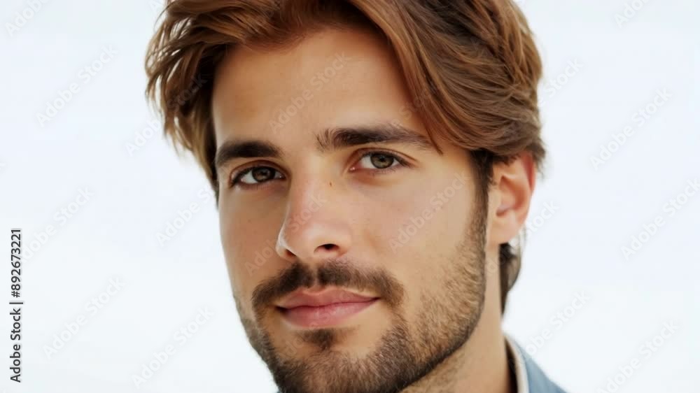 Portrait of a handsome young man smiling casually, with a close-up view of his serious expression, eyes, and hair