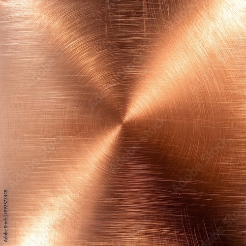 A flat surface of copper metal with a brushed circular pattern, featuring a reflective and clean finish, perfect for material studies and design backgrounds.