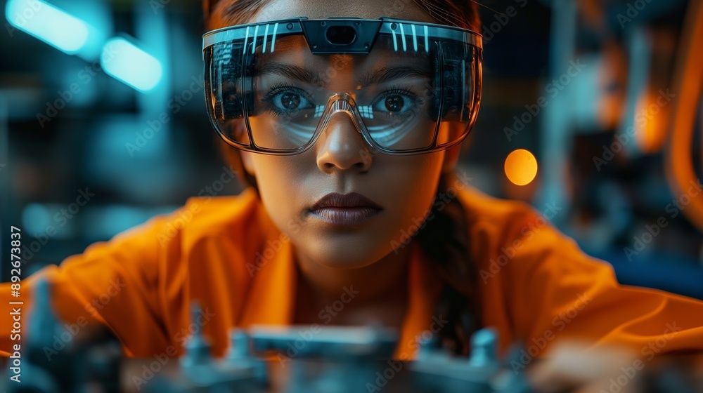 Factory worker using AR glasses, assembling parts Factory worker using AR glasses, assembling parts