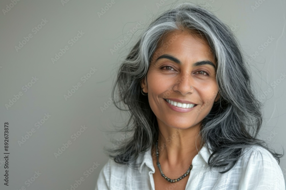 Fototapeta premium Smiling Indian Woman with Grey Hair - Portrait - Authentic Diversity, Aging & Elderly Beauty