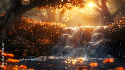 A small charming waterfall flowing into a magical lake, in a beautiful and fantastic forest