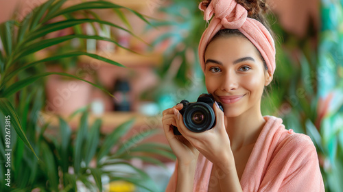 Beauty blogger, reviewing skincare products using camera, portrait