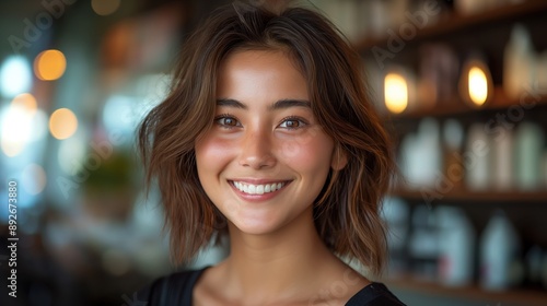 Wallpaper Mural Happy Woman with Short Hair in Modern Beauty Store Torontodigital.ca