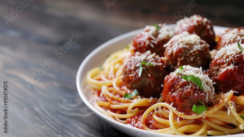 Classic Spaghetti and Meatballs: A plate of spaghetti and meatballs with marinara sauce and Parmesan cheese.