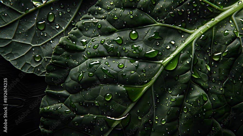 Fototapeta premium A close-up shot of a fresh collard green leaf with droplets of water glistening on its surface, showcasing its fresh and juicy texture, set against a dark, textured background to enhance the vibrant