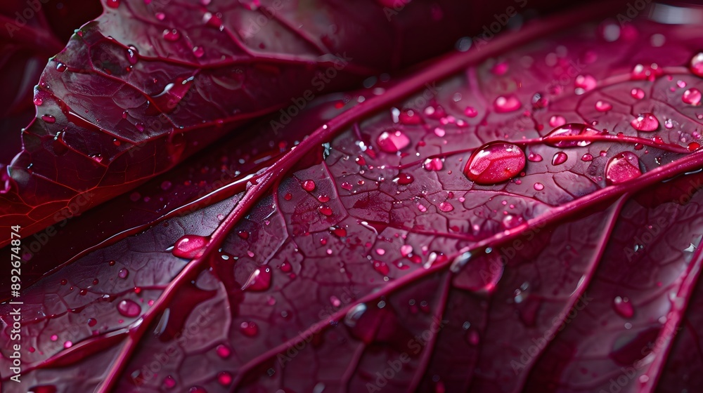 Fototapeta premium Macro Photography of Dew Drops on Burgundy Leaves