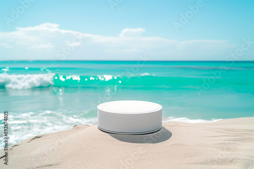 Mockup product presentation display podium at the beach