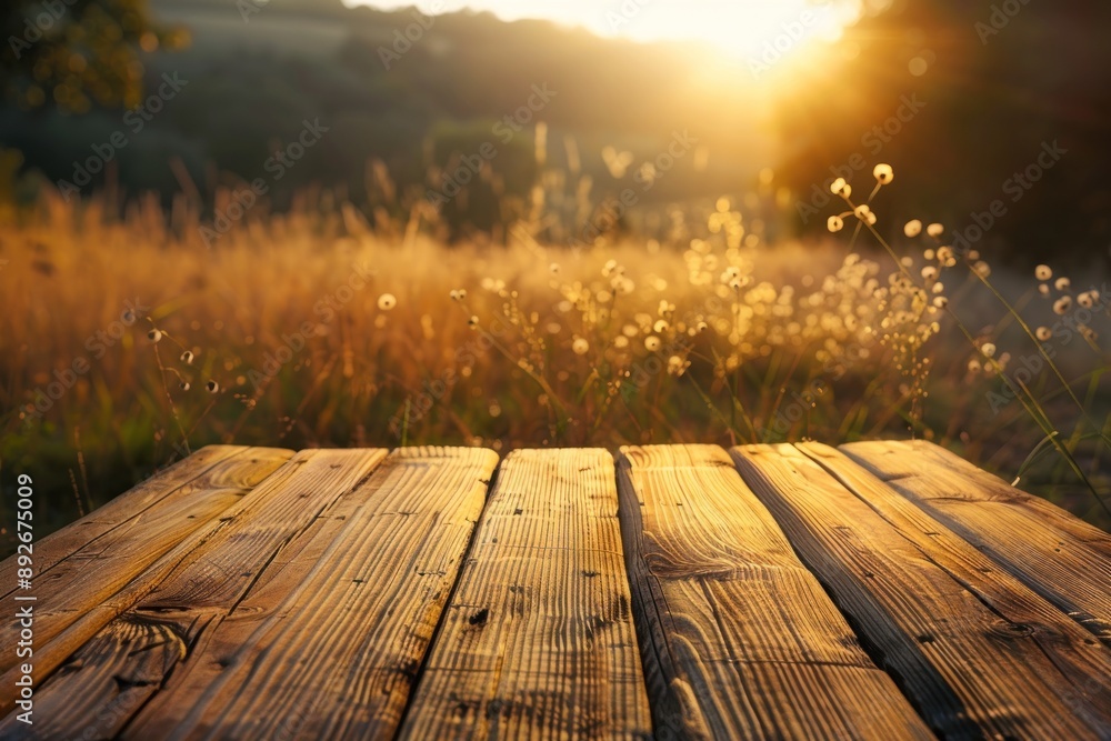 A wooden table with a view of a field and a sun setting A wooden table with a view of a field and a sun setting