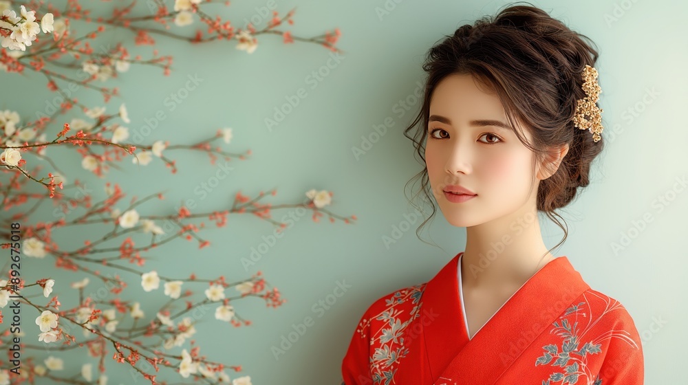 Woman in Traditional Red Kimono with Blossoms Woman in Traditional Red Kimono with Blossoms