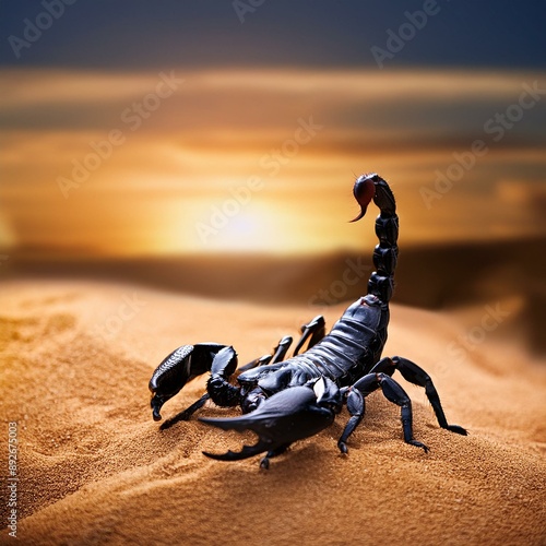 Escorpión negro en el desierto al atardecer  photo