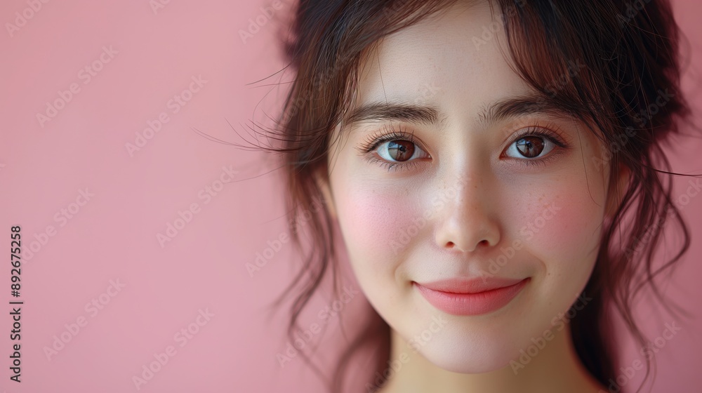 Woman with Soft Smile Against Pink Background Woman with Soft Smile Against Pink Background
