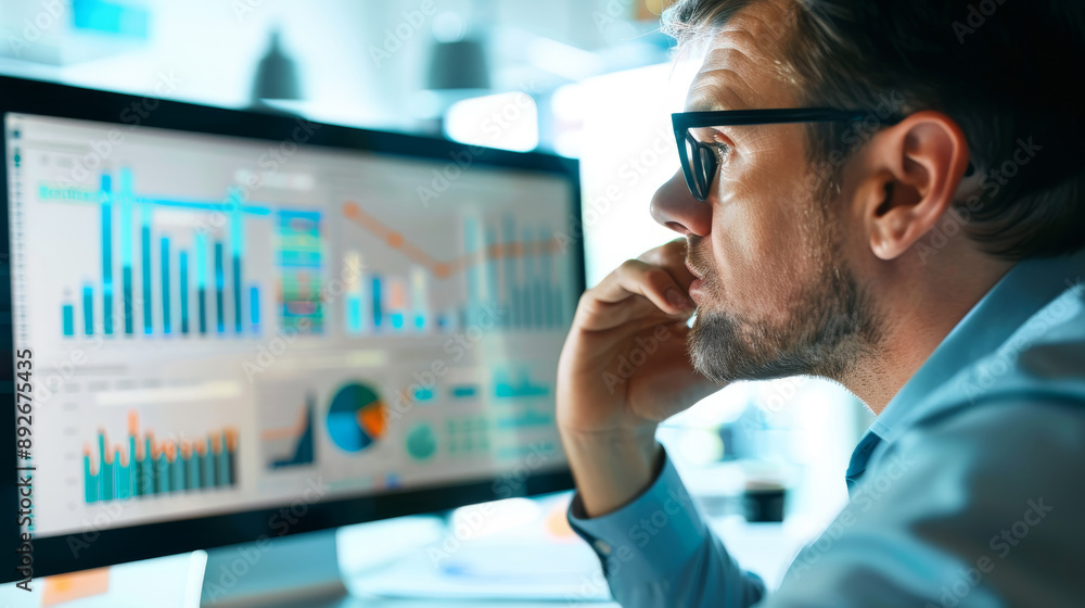 Fototapeta premium A businessman is looking at a computer monitor with a lot of graphs on it, data analysis concept