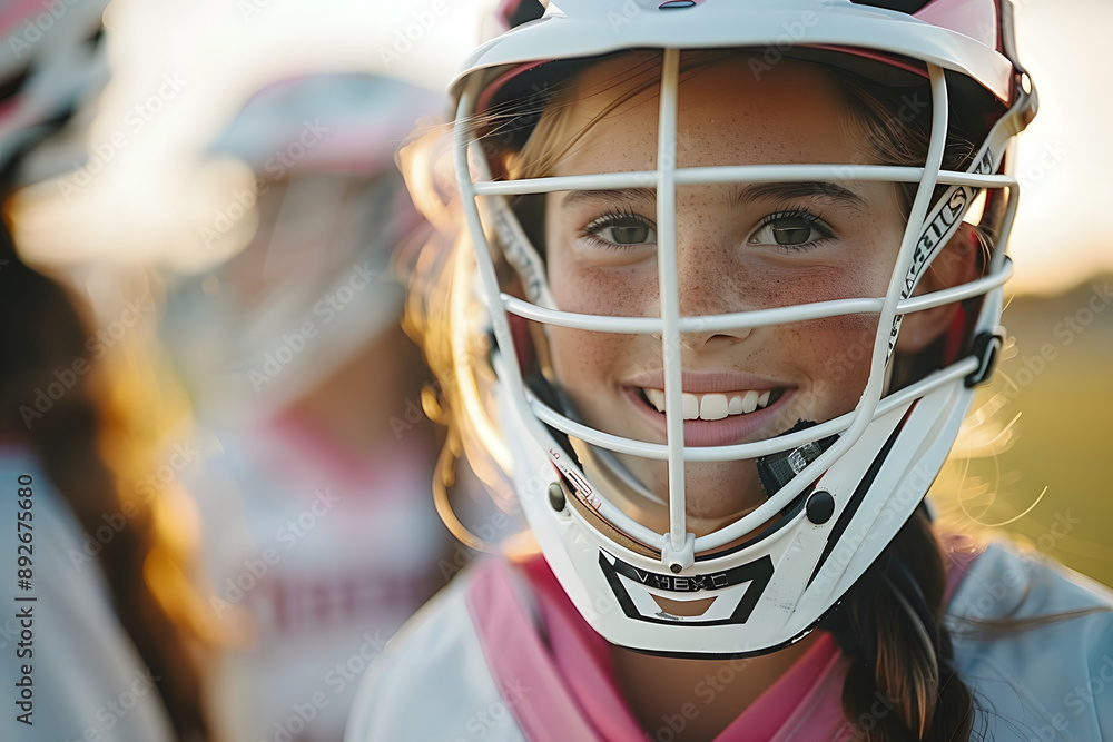 Joyful Young Lacrosse Player in Pink and White - Soft Evening Light on Outdoor Field, Joyful Young Lacrosse Player in Pink and White - Soft Evening Light on Outdoor Field,