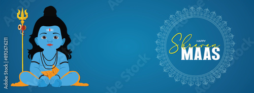 Shravan Month, Indian Festival, Happy Maha Shivratri, Cartoon Lord Shiva with blue background, Maha Shivaratri, with, Shravan Month Banner, Shraavana Civil Month, Poster,