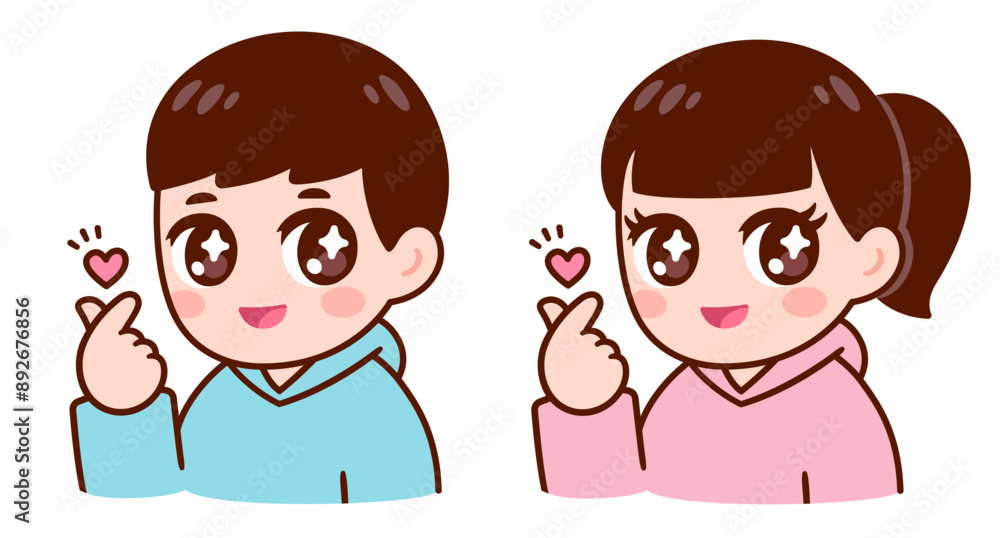 Cute boy and girl making finger heart gesture Cute boy and girl making finger heart gesture