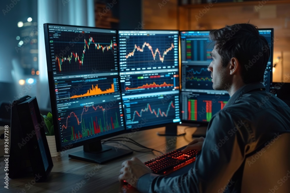 Stock trader analyzing multiple financial charts on monitors. Stock trader analyzing multiple financial charts on monitors.