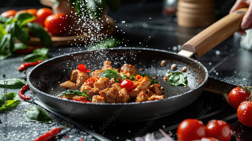 Making Stir-Fried Basil Chicken: Chicken and basil being stir-fried with chilies in a hot pan. Making Stir-Fried Basil Chicken: Chicken and basil being stir-fried with chilies in a hot pan.