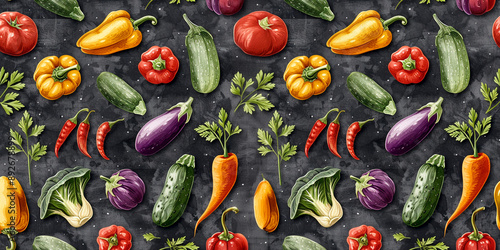 Colorful vegetables and herbs pattern on black background