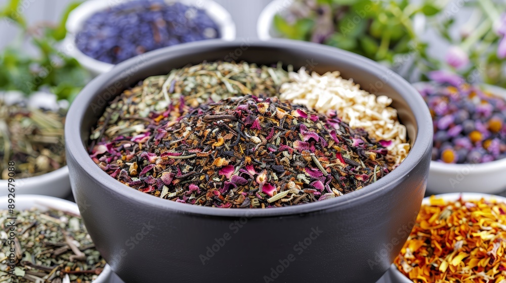 A close-up of a herbal tea blend with various dried herbs and flowers, in a cozy kitchen, high-resolution photo, realistic photo, cinematography, hyper realistic A close-up of a herbal tea blend with various dried herbs and flowers, in a cozy kitchen, high-resolution photo, realistic photo, cinematography, hyper realistic