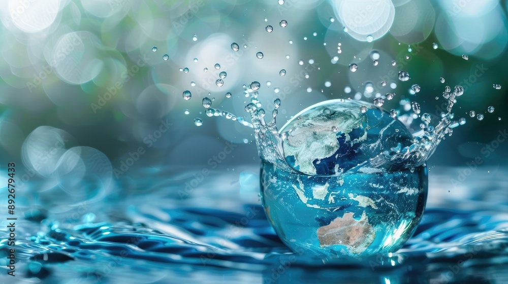 Water droplets forming the shape of continents on a globe, highlighting global water awareness. Water droplets forming the shape of continents on a globe, highlighting global water awareness.