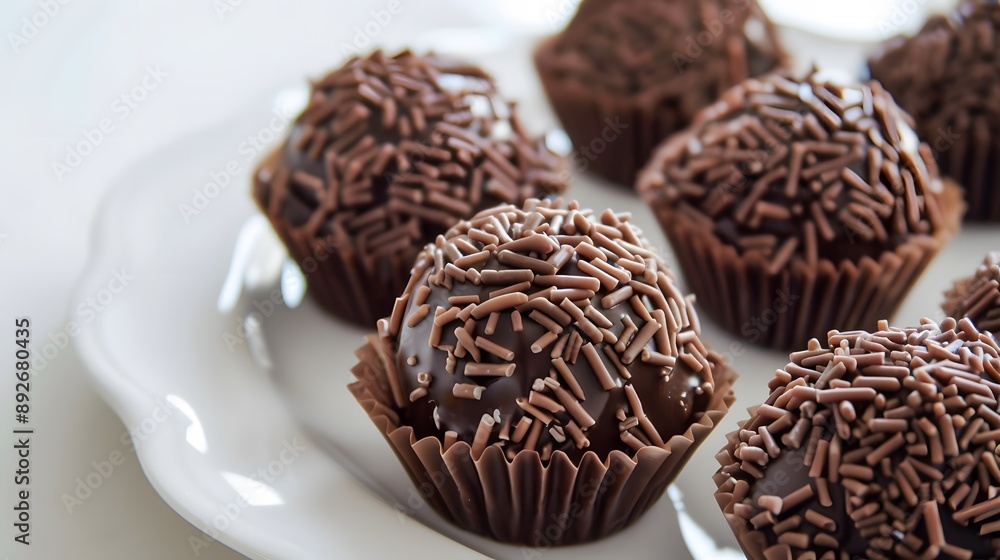 Close-up of chocolate truffles with sprinkles on a white plate. Close-up of chocolate truffles with sprinkles on a white plate.