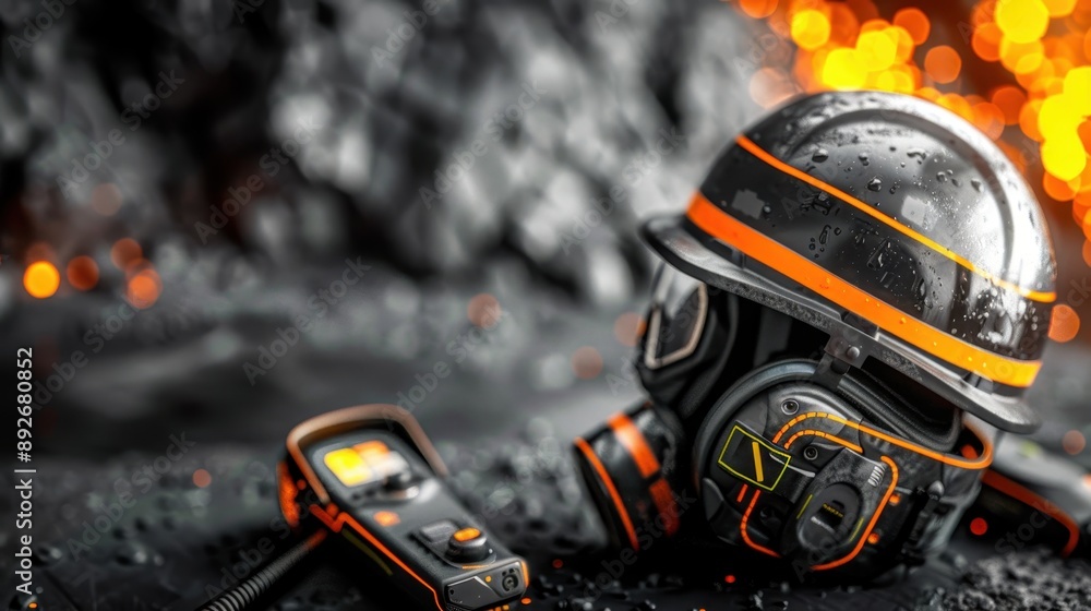 Fototapeta premium Three orange helmets are on a table with a pair of yellow gloves. The helmets are placed in a row, with the gloves in between them. Concept of safety and preparedness, as the helmets