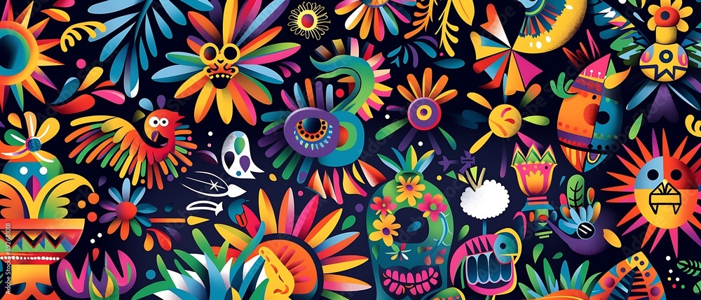 An abstract design with vibrant colors and Hispanic cultural symbols An abstract design with vibrant colors and Hispanic cultural symbols