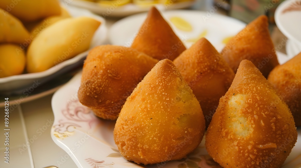 Close up of a plate of golden brown coxinha, a popular Brazilian street food. Close up of a plate of golden brown coxinha, a popular Brazilian street food.