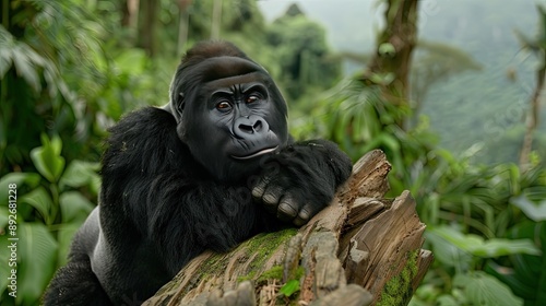 A large, black gorilla rests on a tree trunk, its head resting on its forearms, as it looks out at the surrounding rainforest photo