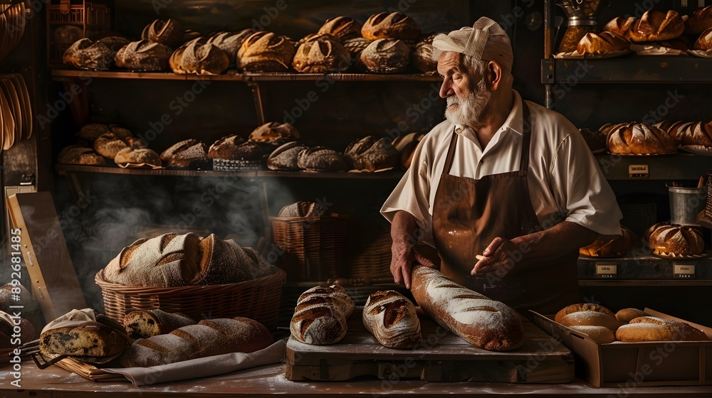 A senior baker carefully places a loaf of fresh bread on a table in his bakery. A senior baker carefully places a loaf of fresh bread on a table in his bakery.