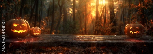 Halloween pumpkins laying on bench in forest park wallpaper background