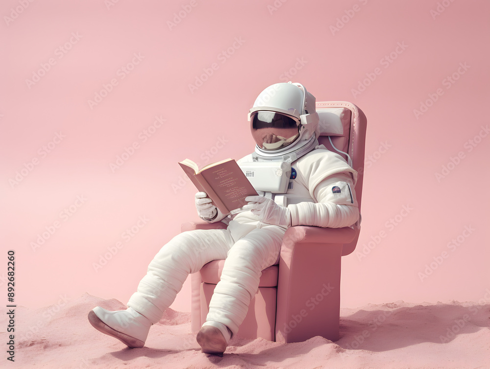 Cute spaceman or astronaut sitting on a chair and reading book. AI generative Cute spaceman or astronaut sitting on a chair and reading book. AI generative