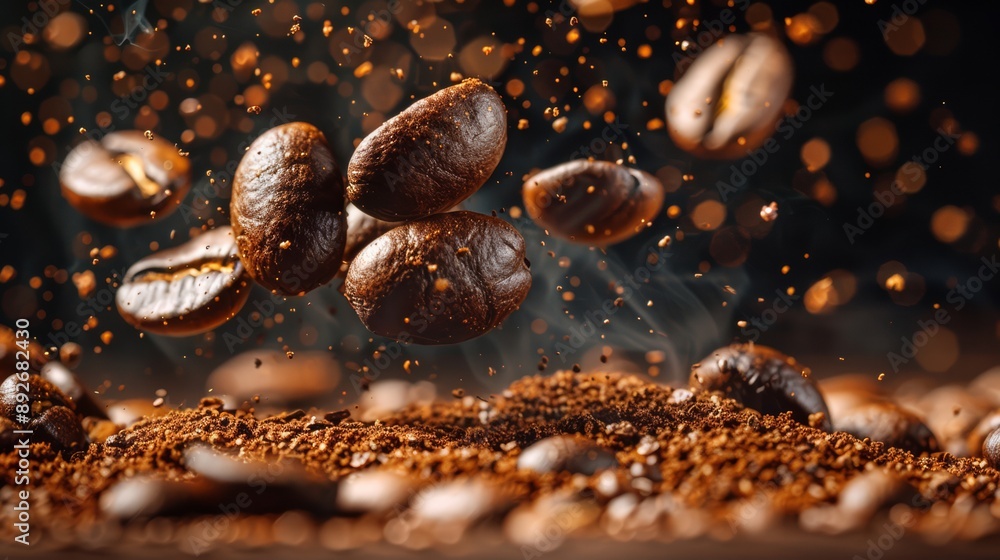 Closeup of Roasted coffee beans falling on heap against on dark background. Closeup of Roasted coffee beans falling on heap against on dark background.