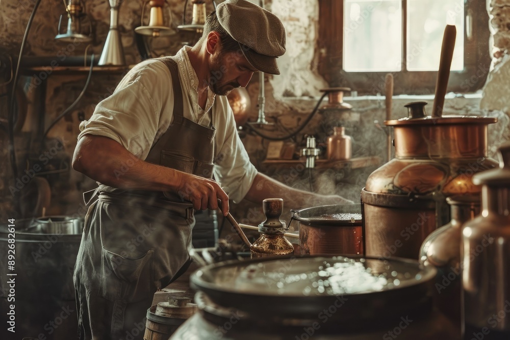 A small-scale, artisanal distillery with rustic charm, showing a distiller at work with traditional tools