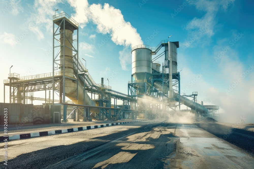 A modern asphalt plant with emission control systems and green initiatives, highlighting environmental responsibility A modern asphalt plant with emission control systems and green initiatives, highlighting environmental responsibility